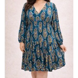 Boho Midi Dress XLarge Babydoll Peacock Festival Indie Tiered‎ Artsy Watercolor